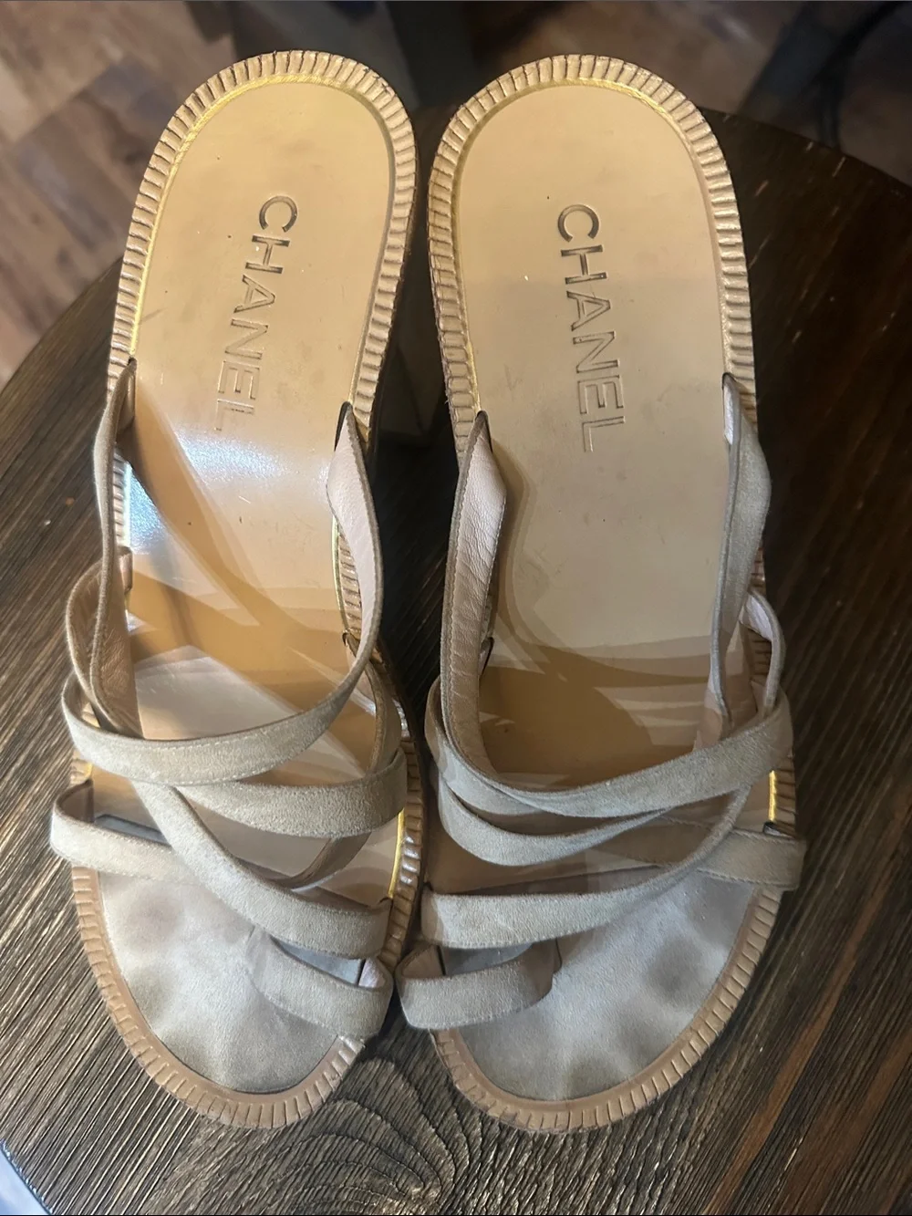 CHANEL Nude Strappy Slide Sandals